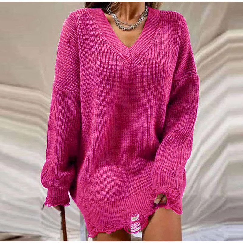 Damen Strickkleid, pink, V-Ausschnitt, langärmelig, modisch, bequem, Freizeitkleidung.