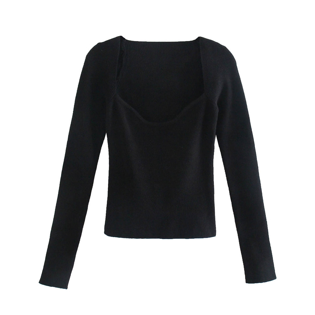 Schwarzes Damen-Slimfit-Top, langärmelig, quadratischer Ausschnitt, elegantes Design.