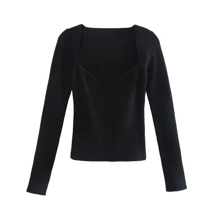 Schwarzes Damen-Slimfit-Top, langärmelig, quadratischer Ausschnitt, elegantes Design.