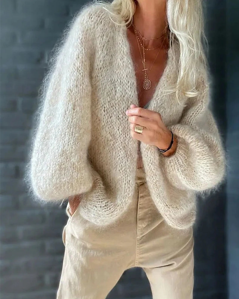 Damen Strickjacke beige, Baumwollmix, langärmelig, lässig, modisch, Herbstmode.