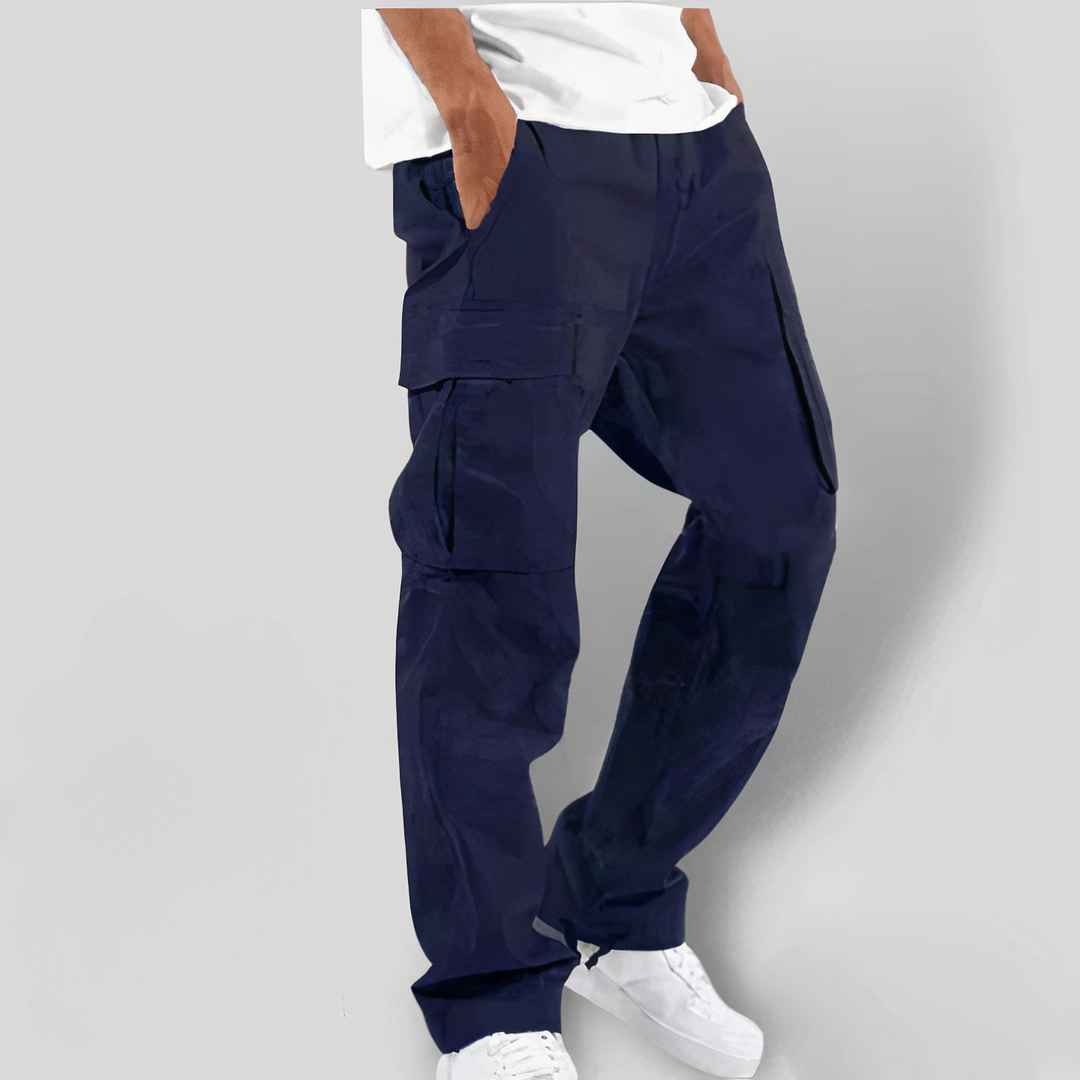 Dunkelblaue Cargohose für Herren, lässig, mit Taschen, Baumwolle, Streetwear-Mode.
