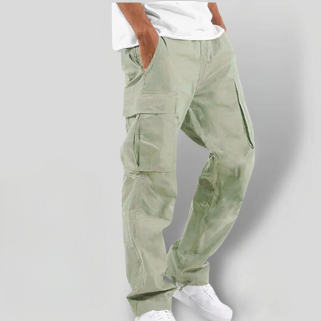 Hellgrüne Cargo-Hose für Herren, lässig, mit Seitentaschen, aus Baumwolle.