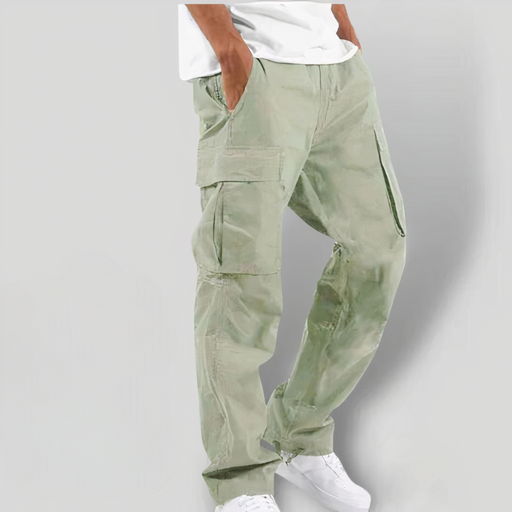 Hellgrüne Cargo-Hose für Herren, lässig, mit Seitentaschen, aus Baumwolle.
