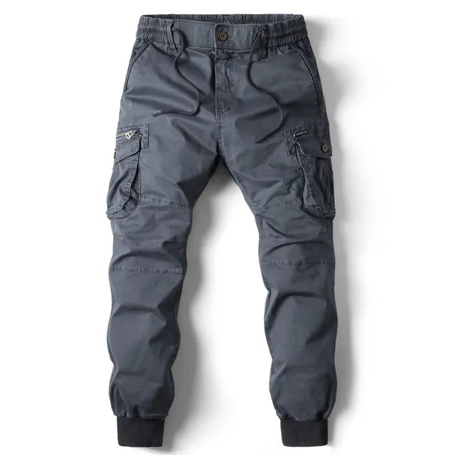 Graue Herren-Cargohose, Baumwolle, militärischer Stil, Streetwear, Jogging, Voll-Länge.