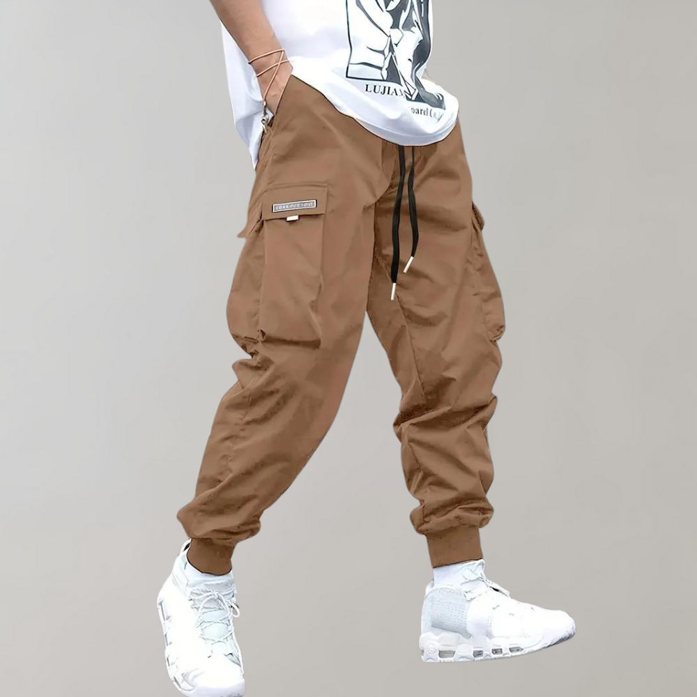 Khaki Cargohose für Herren, lässig, mit Taschen, elastischer Bund, Streetwear-Mode.