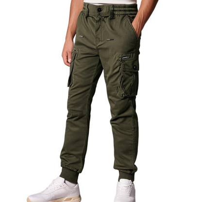 Grüne Cargo-Hose für Herren, elastischer Bund, Taschen, Freizeitmode, Streetwear.