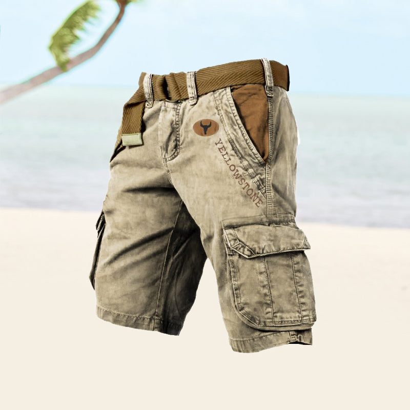 Beige Cargo-Shorts mit Gürtel, Baumwolle, Strand, Herrenmode, Yellowstone-Logo, Sommerbekleidung