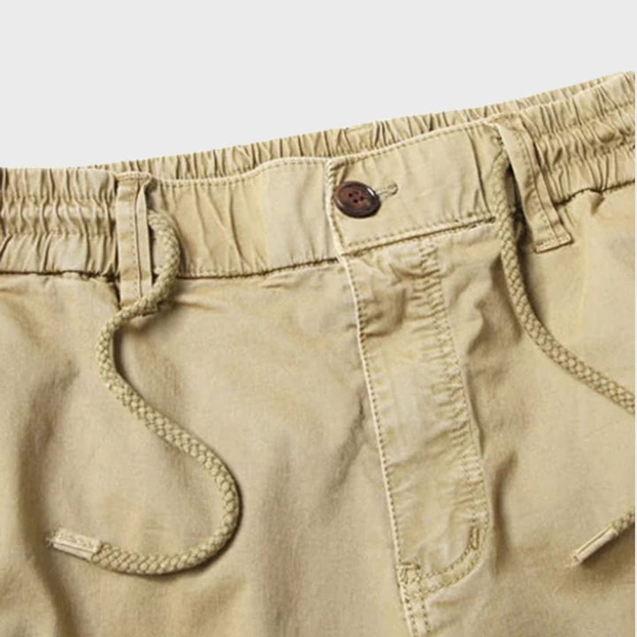 Beige Cargohose für Herren, elastischer Bund, Kordelzug, Baumwolle, Freizeitmode.