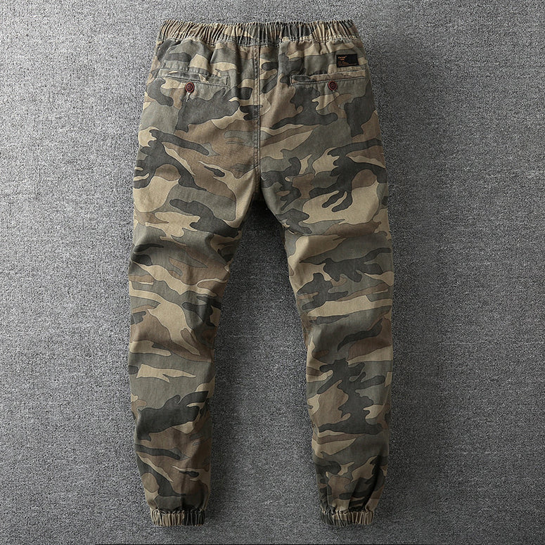 Herren Camouflage Cargo-Hose, grün, elastischer Bund, Taschen, Freizeitmode.