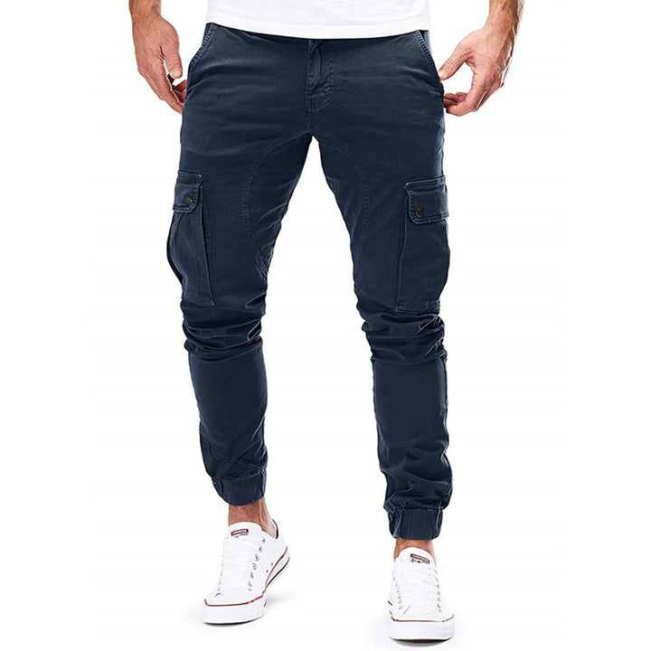 Dunkelblaue Herren-Cargohose, Baumwolle, Taschen, modisch, bequem, Freizeitkleidung.