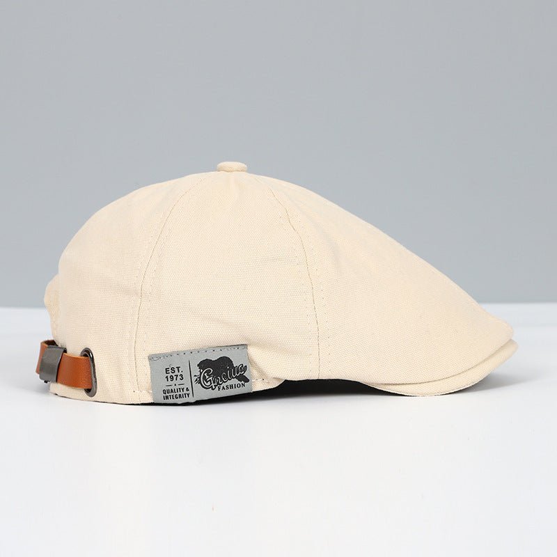 Beige Schiebermütze aus Baumwolle mit Lederriemen, Vintage-Design, Herrenmode Accessoire.