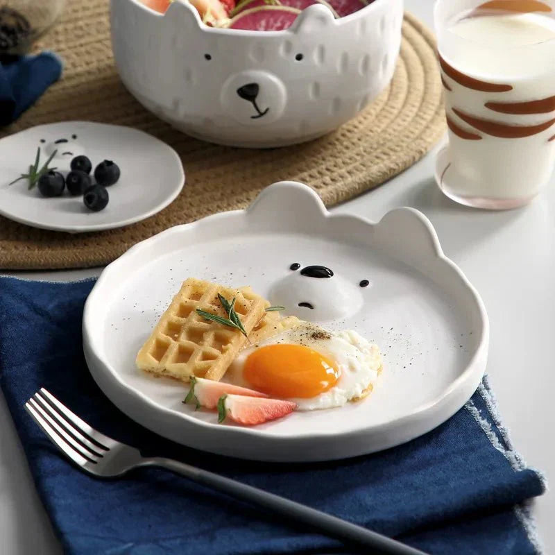 Cartoon-Eisbär Keramik Teller-Set, weiß, Frühstücksset, Kindergeschirr, niedliches Design