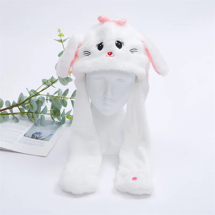 Weiße Plüschmütze mit Hasenohren und Gesicht, niedliches Design, für Kinder, Winteraccessoire.