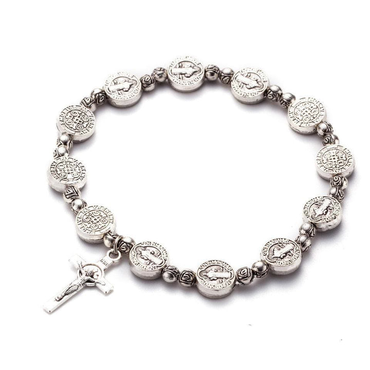 Silbernes Rosenkranzarmband mit Kreuzanhänger, religiöser Schmuck, katholische Gebetskette.