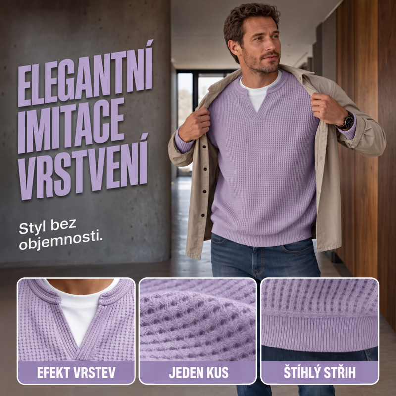 Muž si rozepíná béžovou košili přes fialový vaflový svetr, dole tři detaily: výstřih, vaflová textura a žebrovaný lem. 4