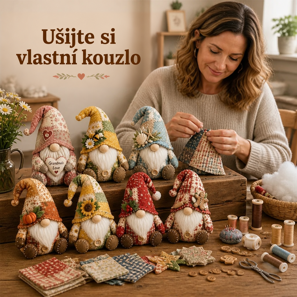 Usmívající se žena šije patchworkového trpaslíka, před ní řada hotových trpaslíků, látky, cívky nití a nůžky 1