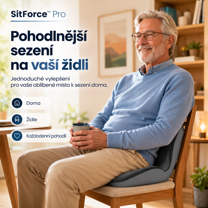 Starší muž s brýlemi drží hrnek, na dřevěné židli sedí na tmavě šedém sedáku s opěrkou 10