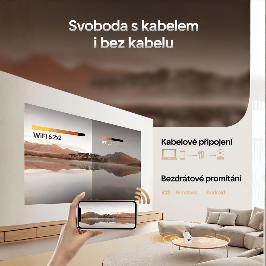 Telefon promítá obraz krajiny na stěnu obývacího pokoje, vedle ikony kabelového a bezdrátového připojení 6