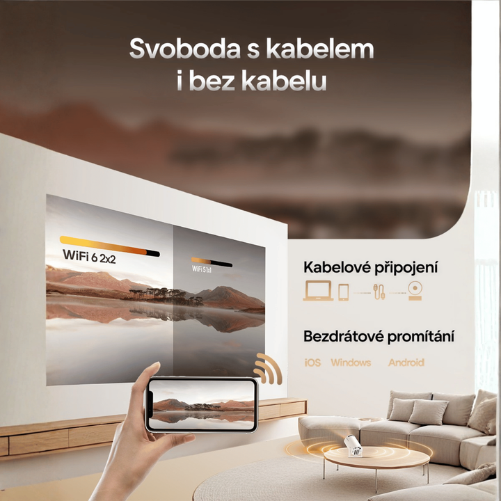 Telefon promítá obraz krajiny na stěnu obývacího pokoje, vedle ikony kabelového a bezdrátového připojení 6