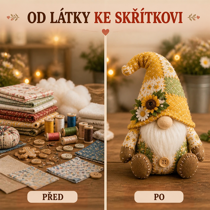 Dvojfotka: vlevo složené látky, nitě a knoflíky, vpravo hotový žlutý trpaslík se slunečnicí na čepici 4