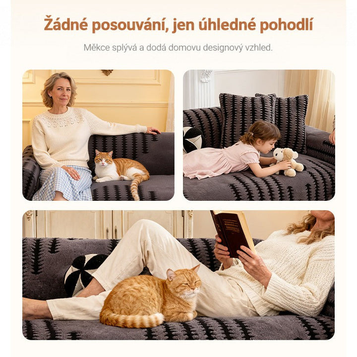 Koláž tří situací na šedém potahu: žena s kočkou, dítě s plyšákem a čtoucí žena 3
