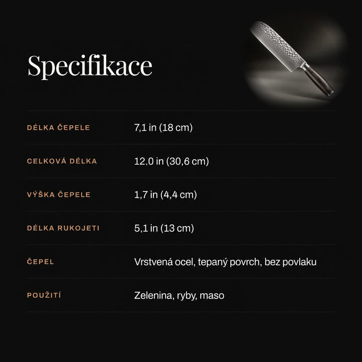 Tmavá infografika s tabulkou rozměrů a vlastností nože a malým obrázkem nože 4
