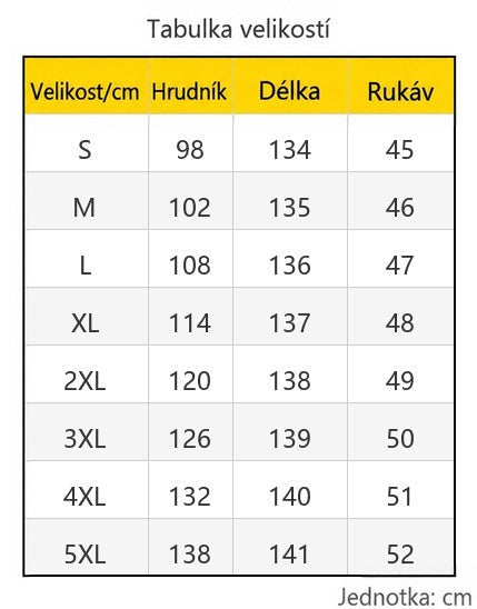Tabulka velikostí S až 5XL s rozměry hrudníku, délky a rukávu v centimetrech 11