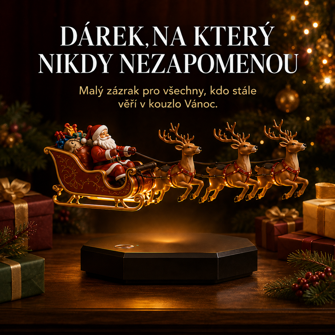 Vznášející se saně se soby nad podstavcem, kolem zabalené dárky, větvičky s bobulemi a rozsvícený stromek 5
