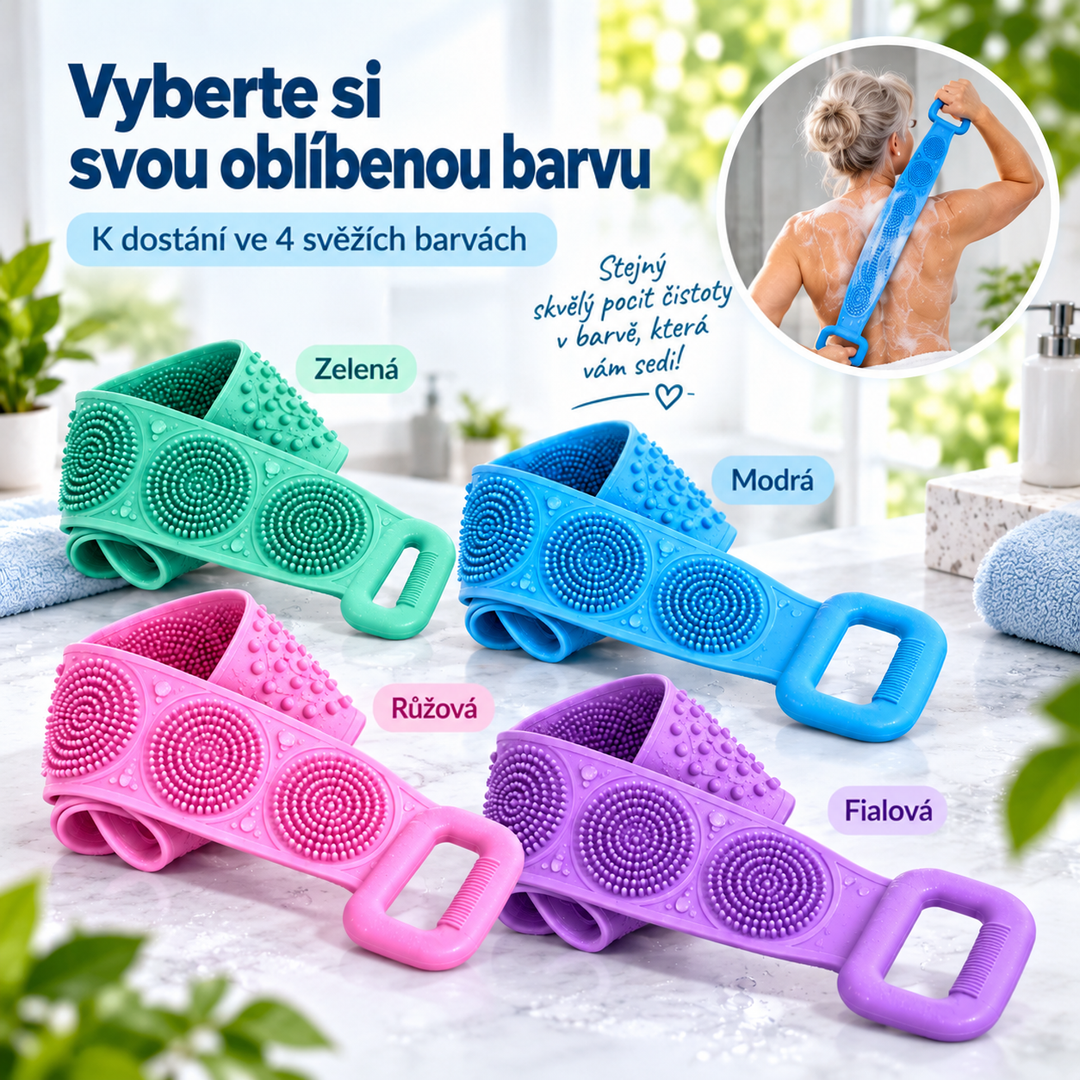 Čtyři silikonové kartáče v zelené, modré, růžové a fialové barvě, v kruhu žena myje záda 8