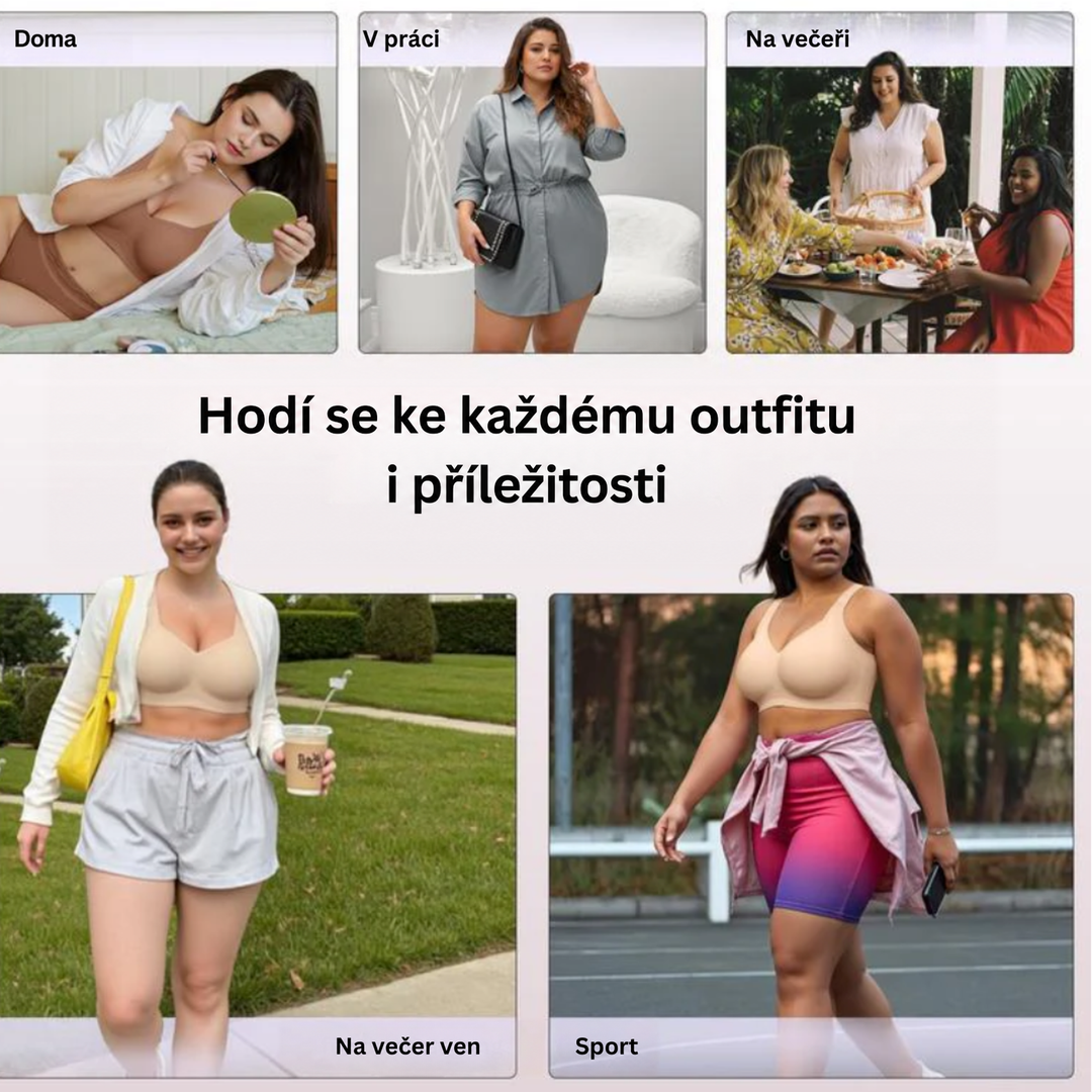 Koláž modelek v béžové a hnědé podprsence doma, v práci, na večeři, na procházce a při sportu 15