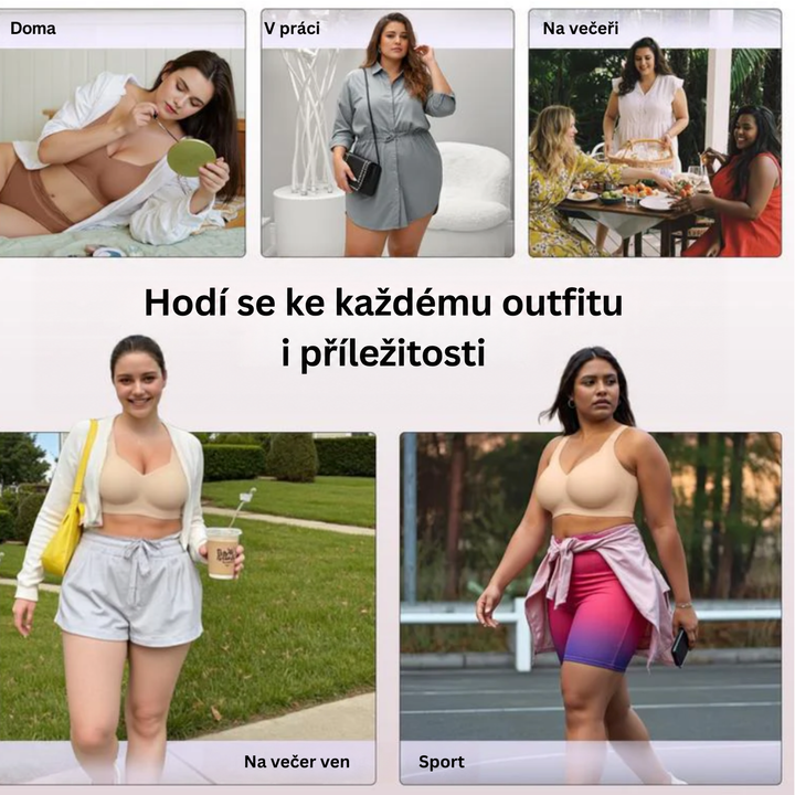 Koláž modelek v béžové a hnědé podprsence doma, v práci, na večeři, na procházce a při sportu 15