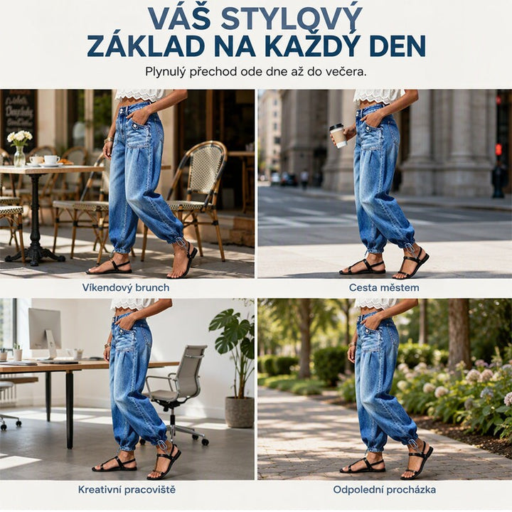 Čtyři záběry modelky v džínách při různých příležitostech: v kavárně, ve městě s kávou, v kanceláři a v parku. 6