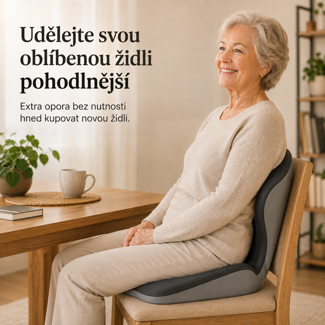 Usmívající se starší žena sedí na dřevěné židli, záda opírá o tmavě šedý tvarovaný sedák 4
