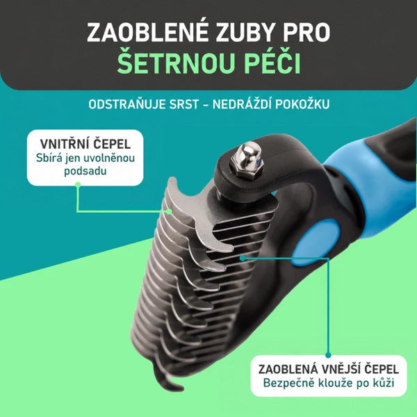 Detail zaoblených kovových zubů hrábě s vnitřní a vnější čepelí a modrou rukojetí, s popisky funkcí. 3
