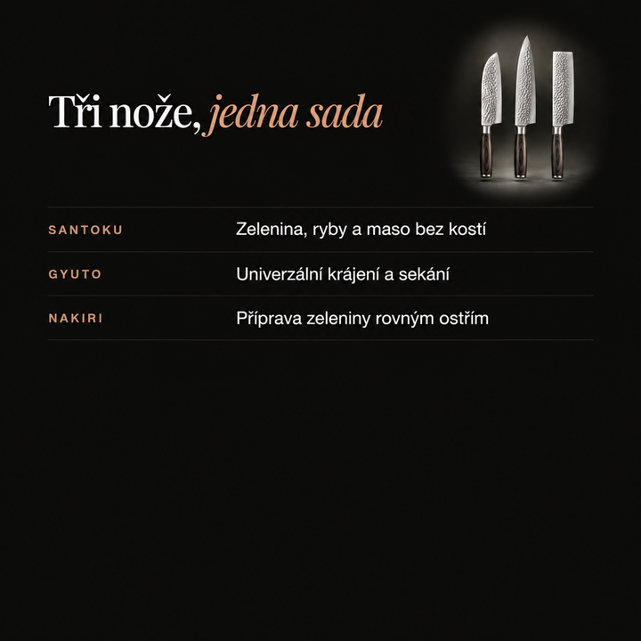Informační grafika na černém pozadí s malým obrázkem tří nožů a popisem jejich použití 4