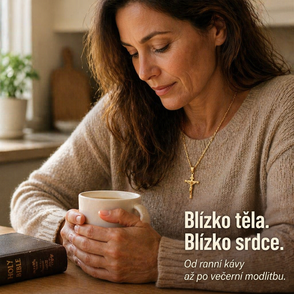Žena v pleteném svetru s krucifixem na zlatém řetízku drží hrnek, vedle leží kniha 4