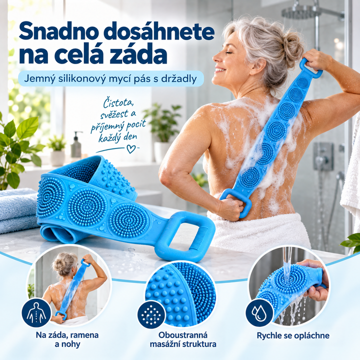 Modrý kartáč pro mytí zad v použití u ženy, vpředu položený kartáč s kuličkami a detaily 3