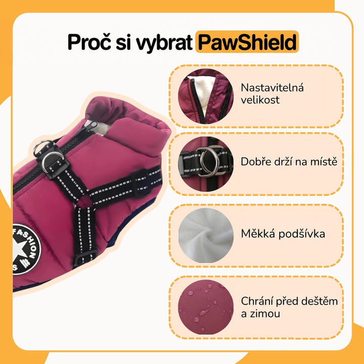 Infografika s vínově červeným kabátkem a detaily zipu, kovového kroužku, měkké podšívky a kapek vody na povrchu. 5