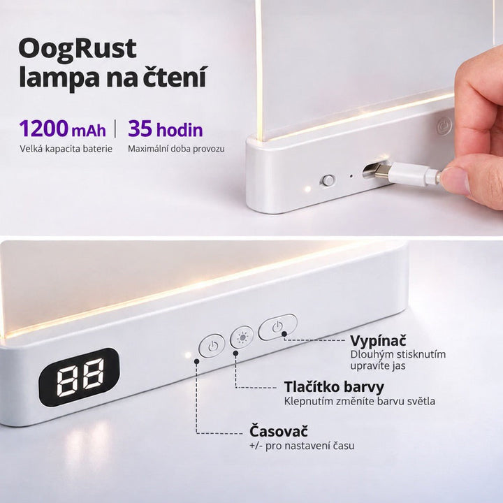 Detail nabíjení kabelem USB-C a popis tlačítek s digitálním displejem na boku lampičky 8