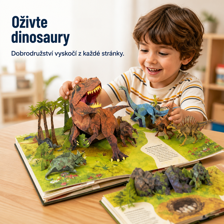 Usmívající se kluk si hraje u stolu s rozloženou knihou plnou papírových dinosaurů, vedle leží druhá kniha 1