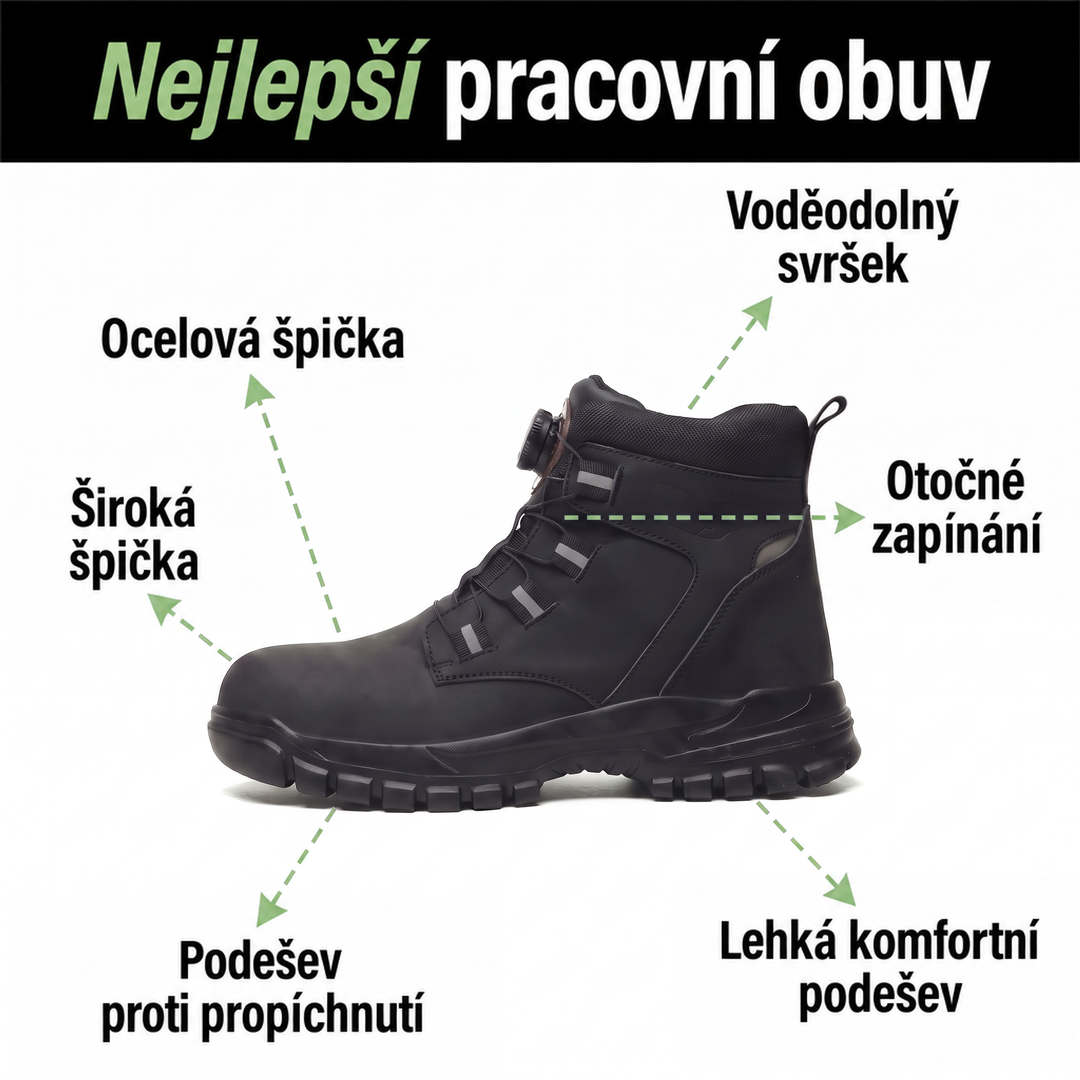 Černá bota z boku s šipkami popisujícími ocelovou špičku, podrážku, otočné zapínání a svrchní materiál 2