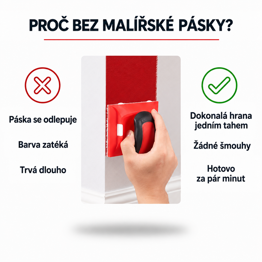 Ruka vede nástroj po stěně a vytváří rovný červený pruh vedle bílé plochy 4
