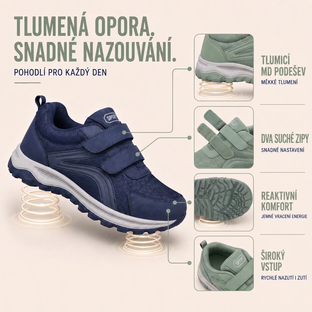 Infografika modré boty s detaily tlumené podrážky, dvojitého zapínání na suchý zip a širokého nazouvacího otvoru 2
