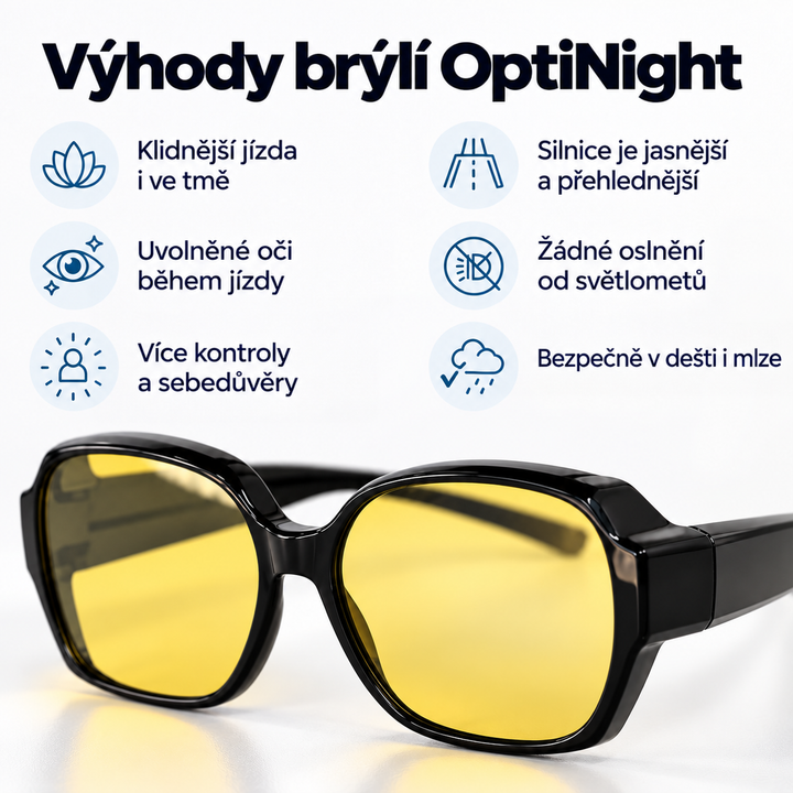 Černé brýle se žlutými čočkami a šest ikon s výhodami, například klidnější jízda a méně oslnění světly. 3