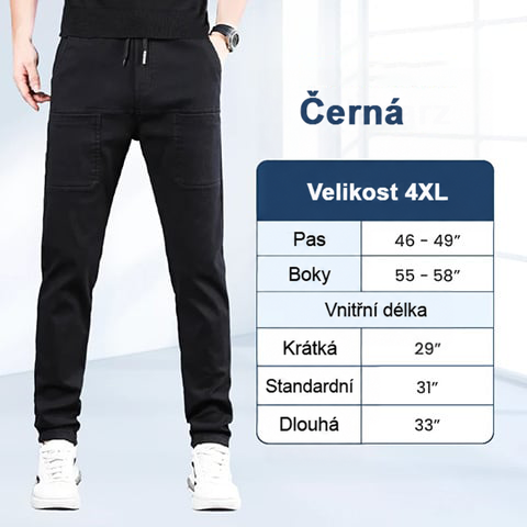 Černé kalhoty na modelu s tabulkou rozměrů velikosti 4XL, pas, boky a délka nohavice 10