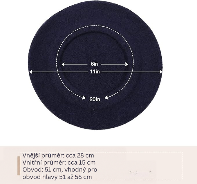 Tmavě modrý baret shora s vyznačenými rozměry průměru a obvodu 13
