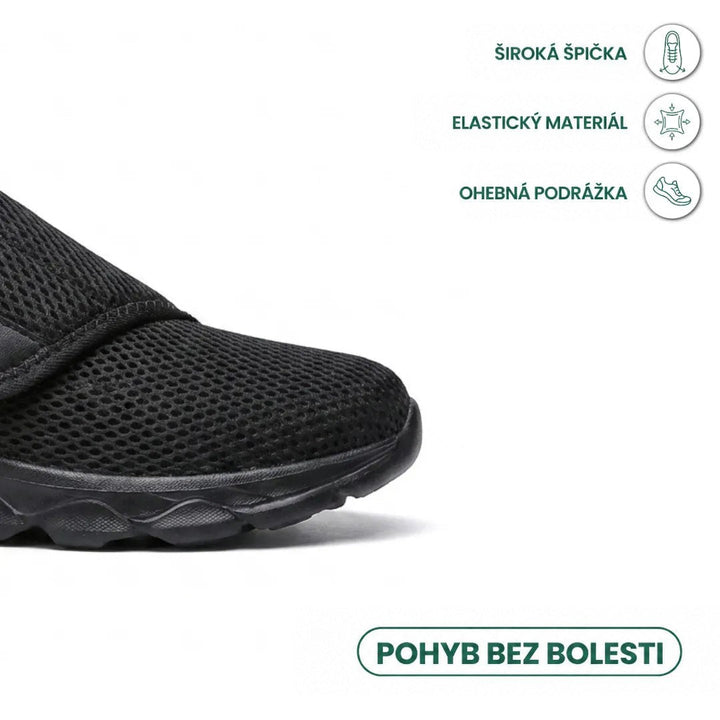 Detail špičky černé síťované boty s ikonami široké špičky, pružného materiálu a ohebné podrážky. 14