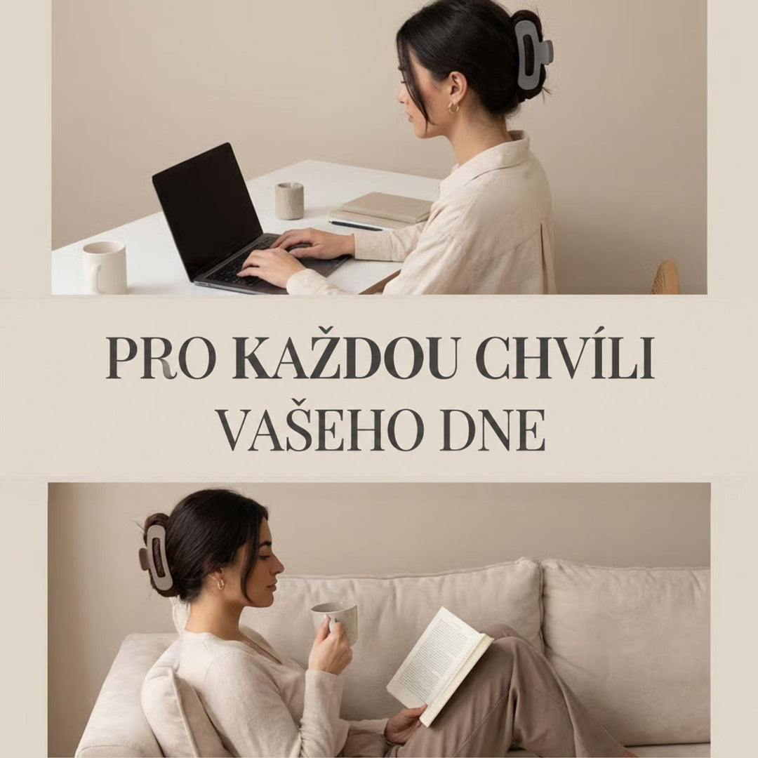 Dvě scény s nošenou sponkou: žena u notebooku a žena čtoucí knihu na pohovce 4