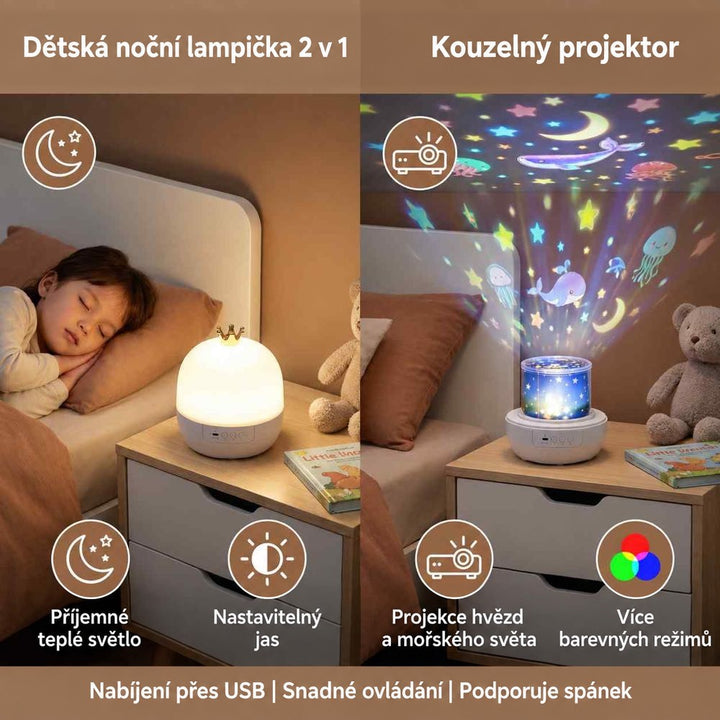 Srovnání dvou režimů: teplé noční světlo vedle spícího dítěte a projektor s hvězdami a velrybou 2