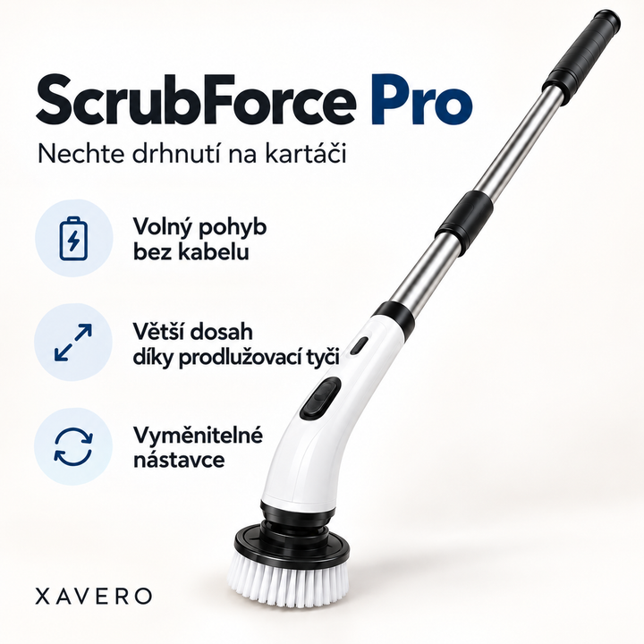 Kartáč se zahnutou bílou hlavou a teleskopickou tyčí s ikonami bezdrátového provozu, dosahu a výměnných nástavců 5